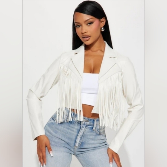 Fashion Nova Ivory Fringe Vegan Leather Jacket - Picture 1 of 6